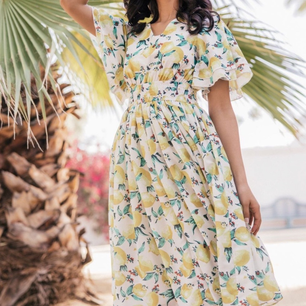 JessaKae Lemon Print Midi Dress in Yellow and Green